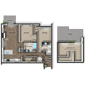 Floor plan drawing of #502 and #510 at West Washington Apartments in Madison WI.